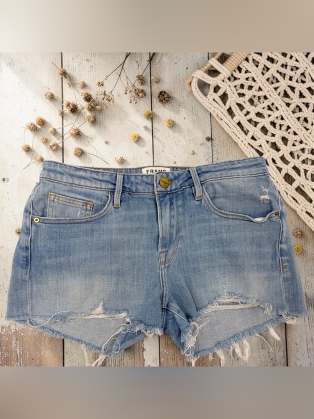 Frame Denim Shredded Raw-Edge Denim Shorts in Hurrah 26